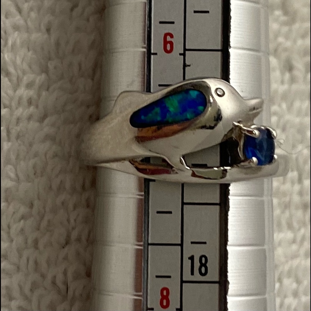 Sterling Silver 925 Dolphin Ring w/ Simulated Opal
